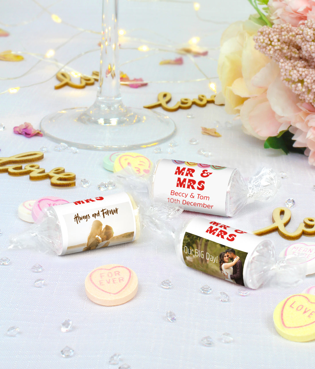 Personalised Love Hearts Wedding Favours X 50 Rolls