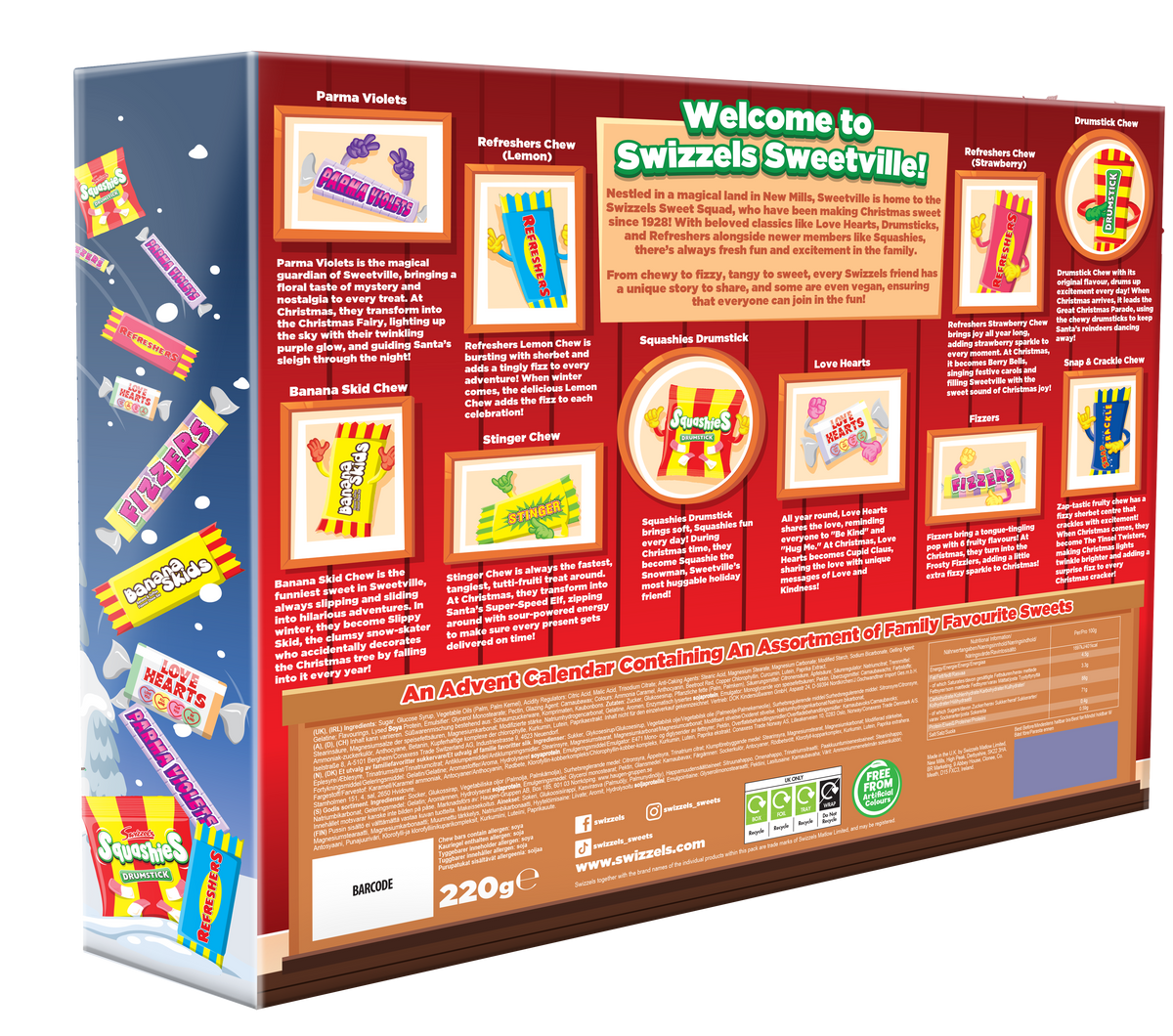 Back panel of a Swizzels Sweetville 220g box, showing colorful product illustrations, recipe cards, and branding on a red wood-textured background.