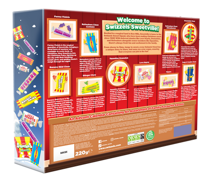 Back panel of a Swizzels Sweetville 220g box, showing colorful product illustrations, recipe cards, and branding on a red wood-textured background.