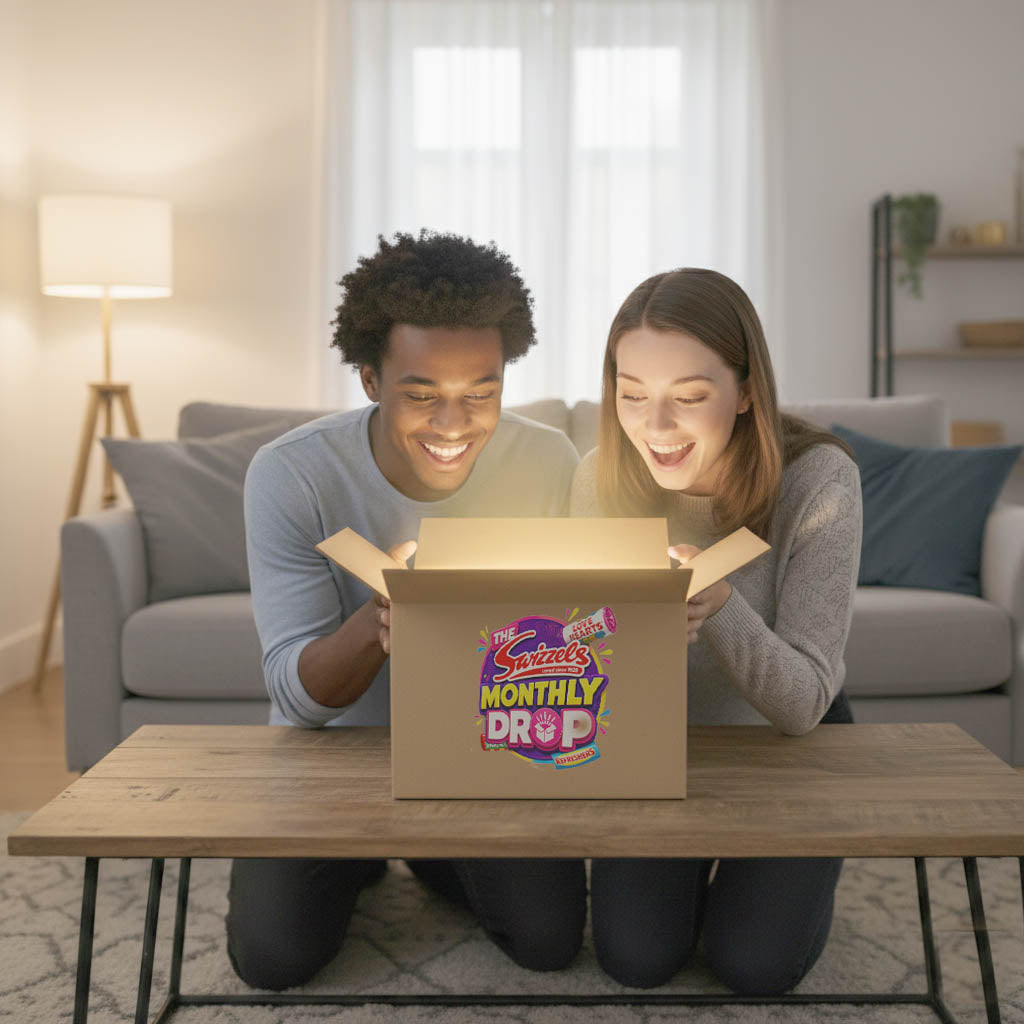 Two people opening a box labeled 'Sweet's Monthly Drop' in a living room.