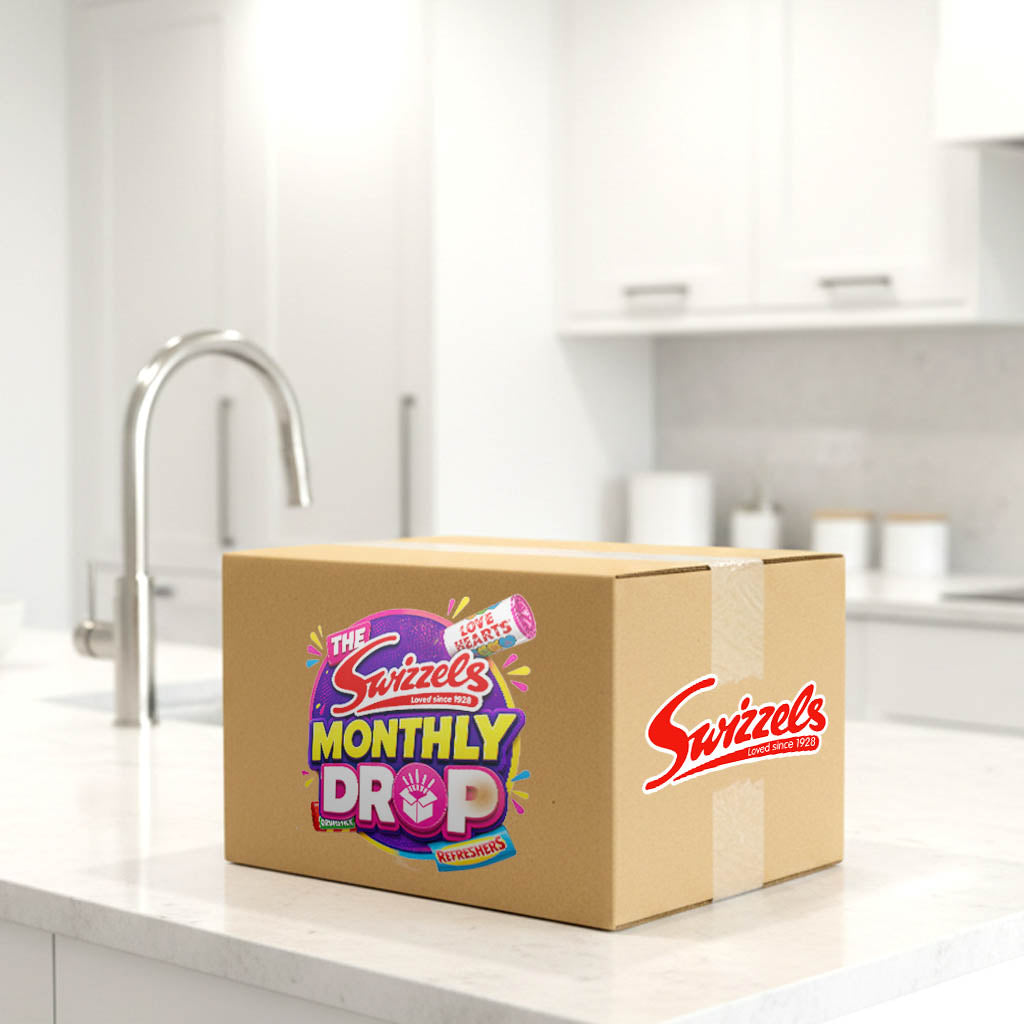 Cardboard box with Swizzles Monthly Drop branding on a kitchen counter.