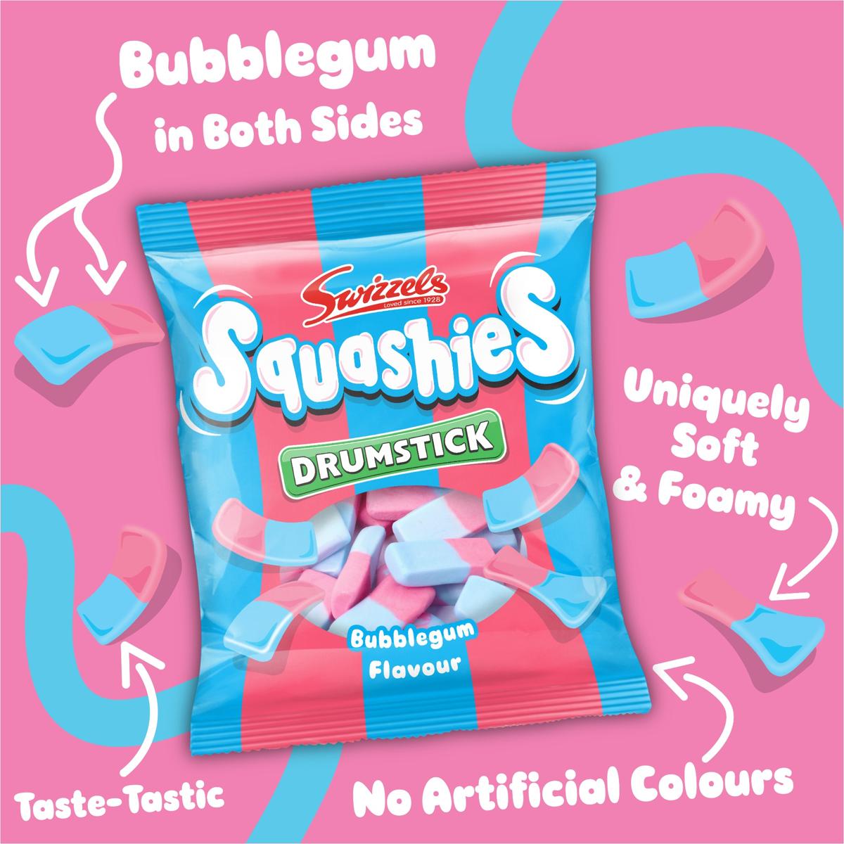 Swizzles Squashies Drumstick bubblegum packaging on a pink background with text highlighting features.