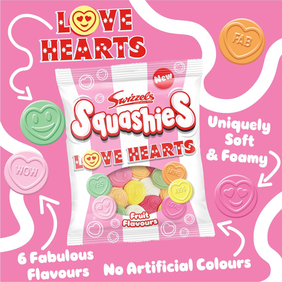 Packaging of Swizzles Love Hearts Squashies on a pink background with text highlighting features.
