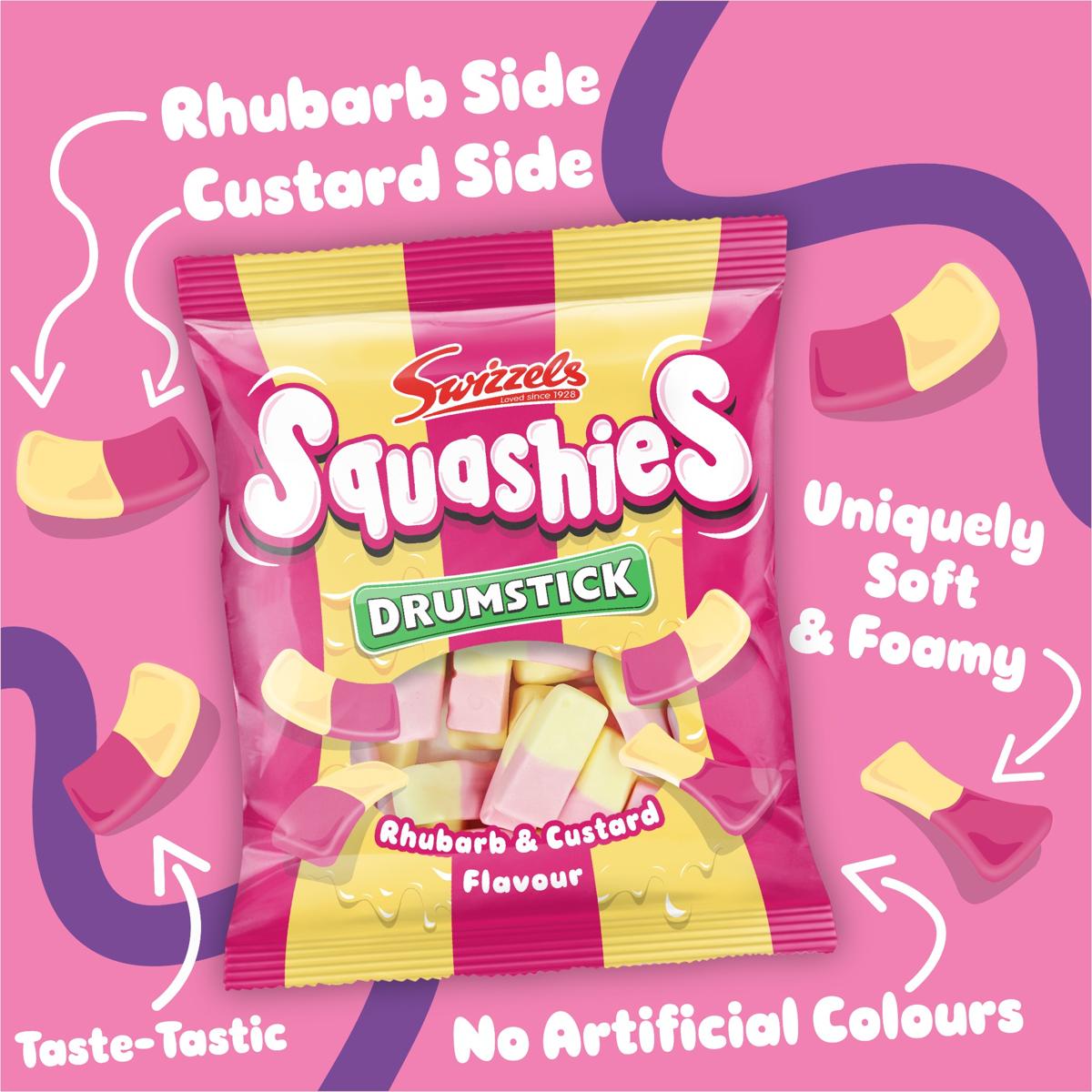 Swizzles Squashies Drumstick candy package on a pink background with text about flavor and texture.