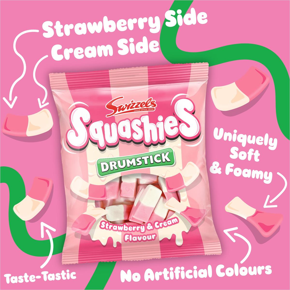 Swizzles Squashies Drumstick candy package on a pink background with text about flavor and texture.