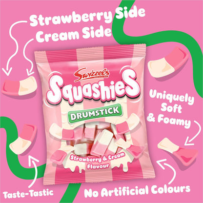 Swizzles Squashies Drumstick candy package on a pink background with text about flavor and texture.