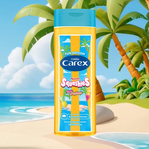 Carex Squashies bath and shower gel bottle with a tropical beach background