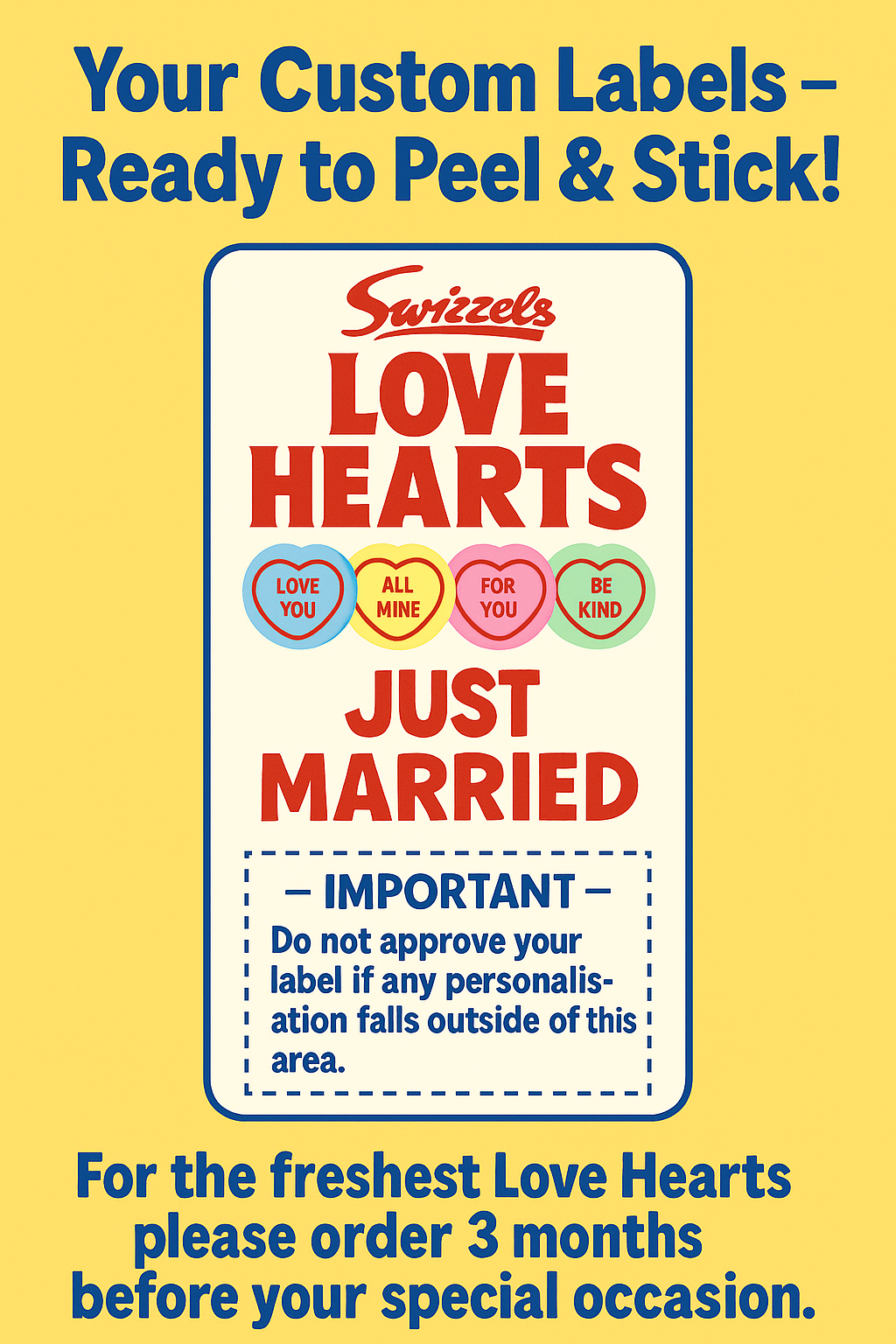 Personalised JUST MARRIED Love Hearts Wedding Favours X 50 Rolls