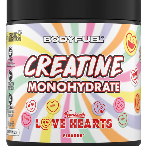 BodyFuel Creatine Monohydrate supplement container with Swizzles Love Hearts flavor on a colorful background