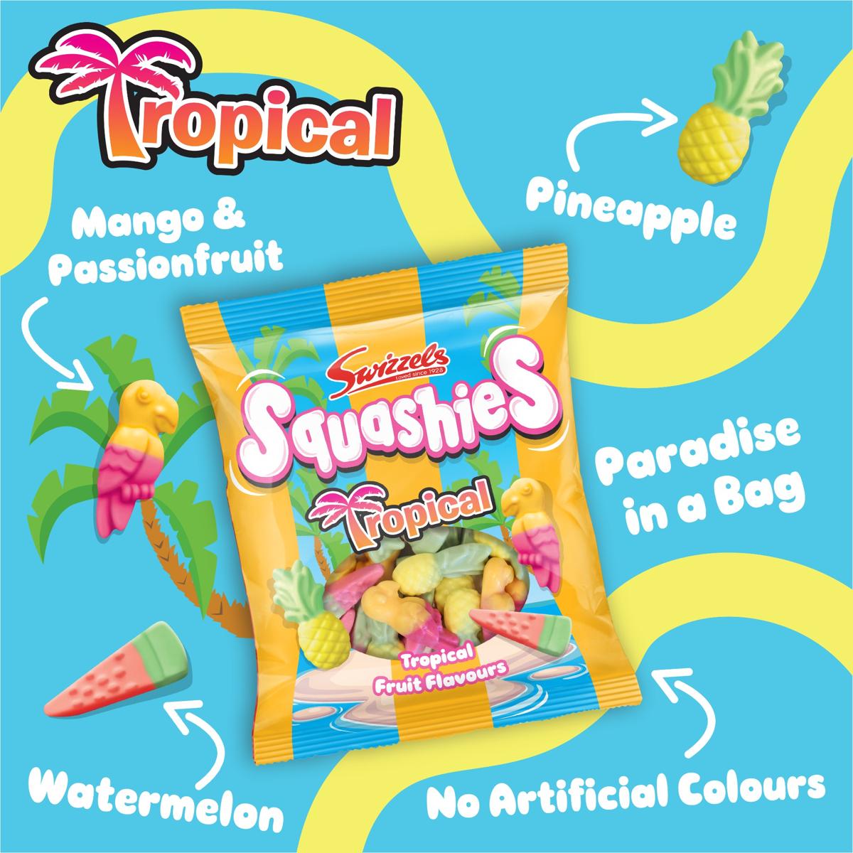 Sweets Squashies Tropical flavor packaging with colorful design elements on a blue background