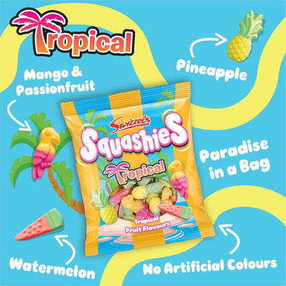 Sweets Squashies Tropical flavor packaging with colorful design elements on a blue background