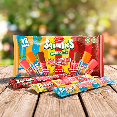 Packaging of Squashies popsicles with a wooden surface and blurred greenery background