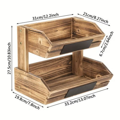 Wooden tiered tray with dimensions labeled on a white background