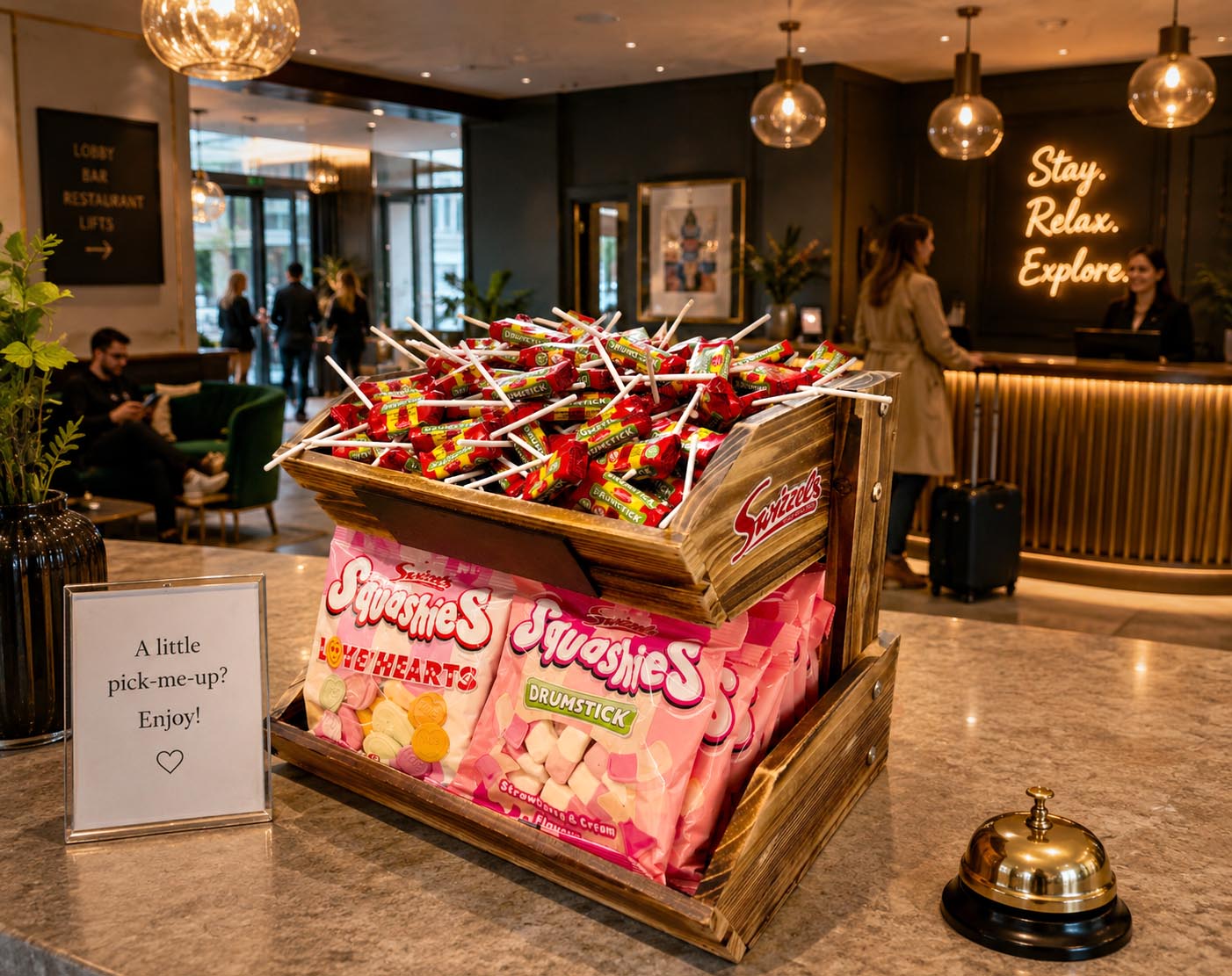 Wooden crate of Swizzles sweets in a hotel lobby with 'Stay, Relax, Explore' sign.