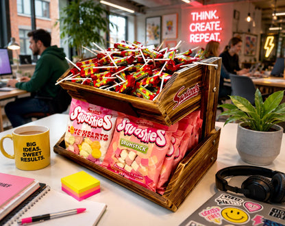 Wooden box of Swachies candy on a desk with office background