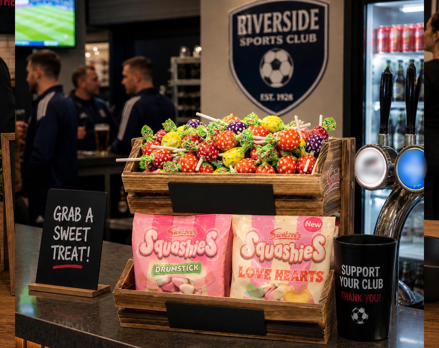 Wooden crate of sweets with 'Squashies' and 'Love Hearts' on a table at Riverside Sports Club.