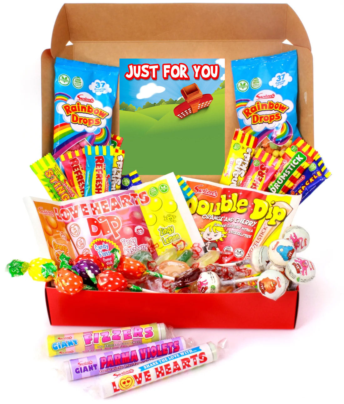 A large candy gift box filled with assorted sweets, lollipops, and candy bars, including Rainbow Drops, Double Dip, Love Hearts Dip, and Parma Violets, arranged in a red box with a green insert card.