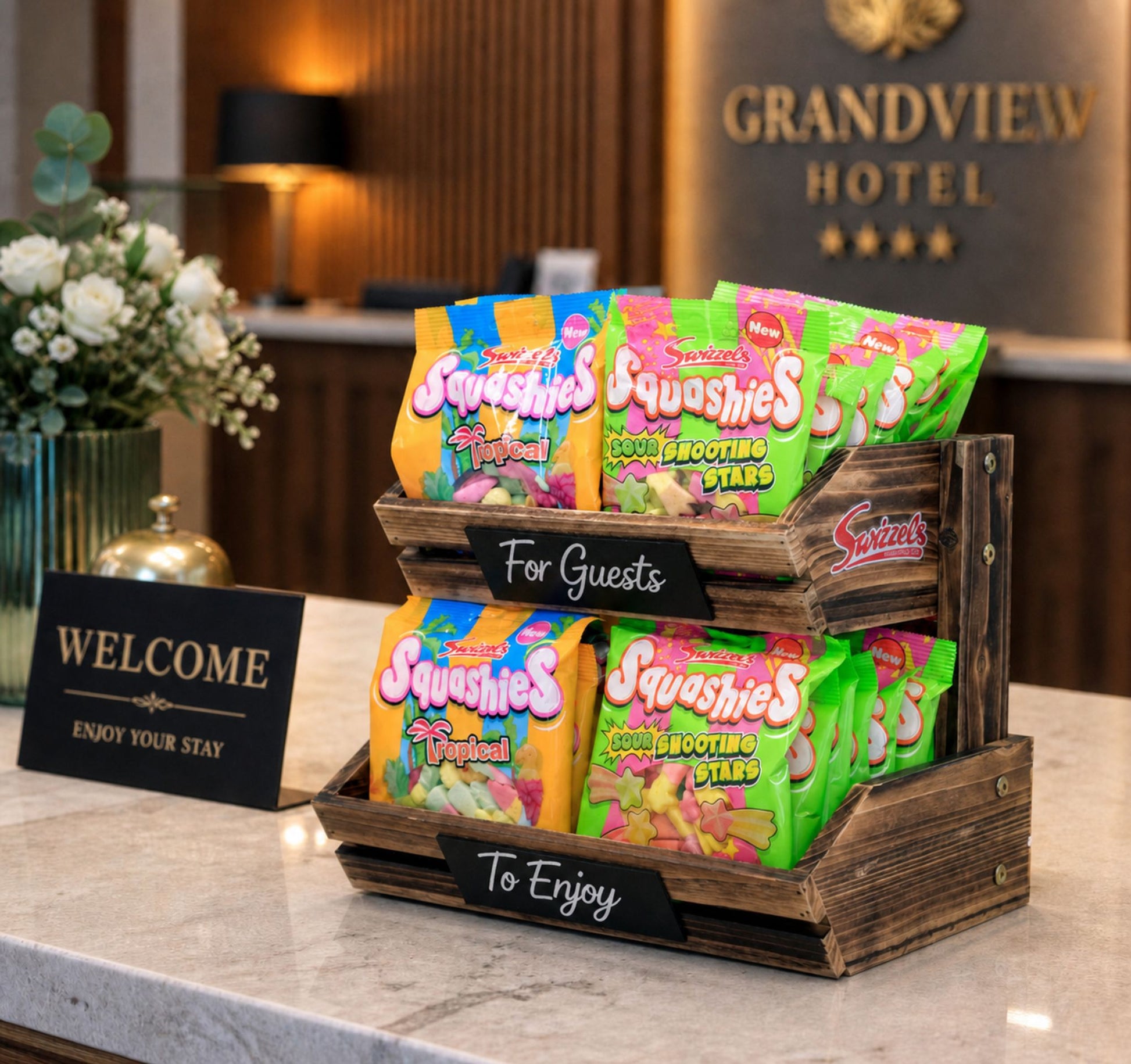 Squashies candy packages in a wooden display at the Grandview Hotel.