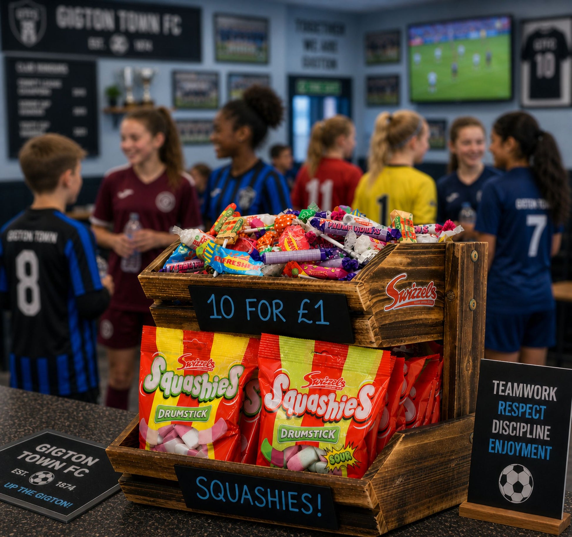 Wooden crate of Squashies candy with a group of people in sports jerseys in the background.