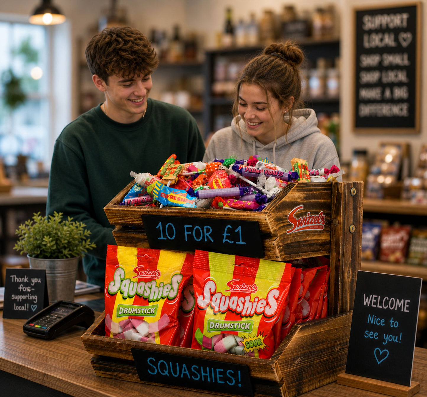 Two people in a store with a display of Squashies candy and a wooden crate.