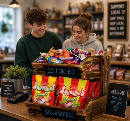 Two people in a store with a display of Squashies candy and a wooden crate.
