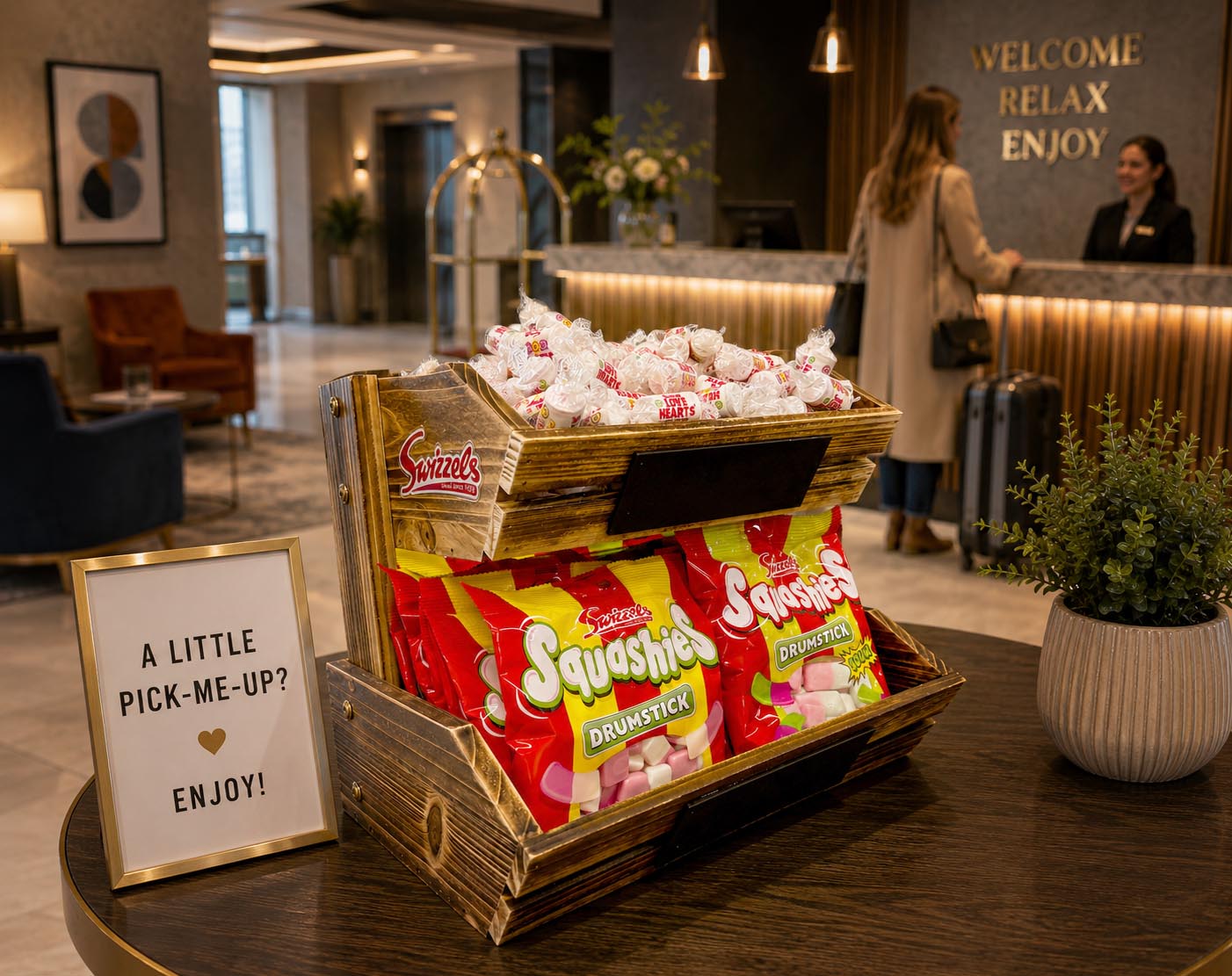 Snack tray with Squishies and Sweetarts on a table in a hotel lobby.