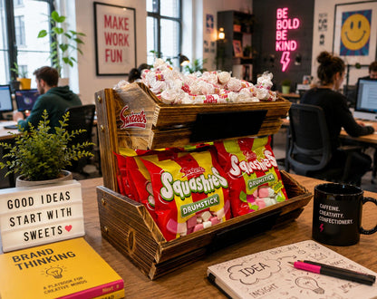 Snack display with Squashies and Drumstick bags on a desk with motivational posters in the background.