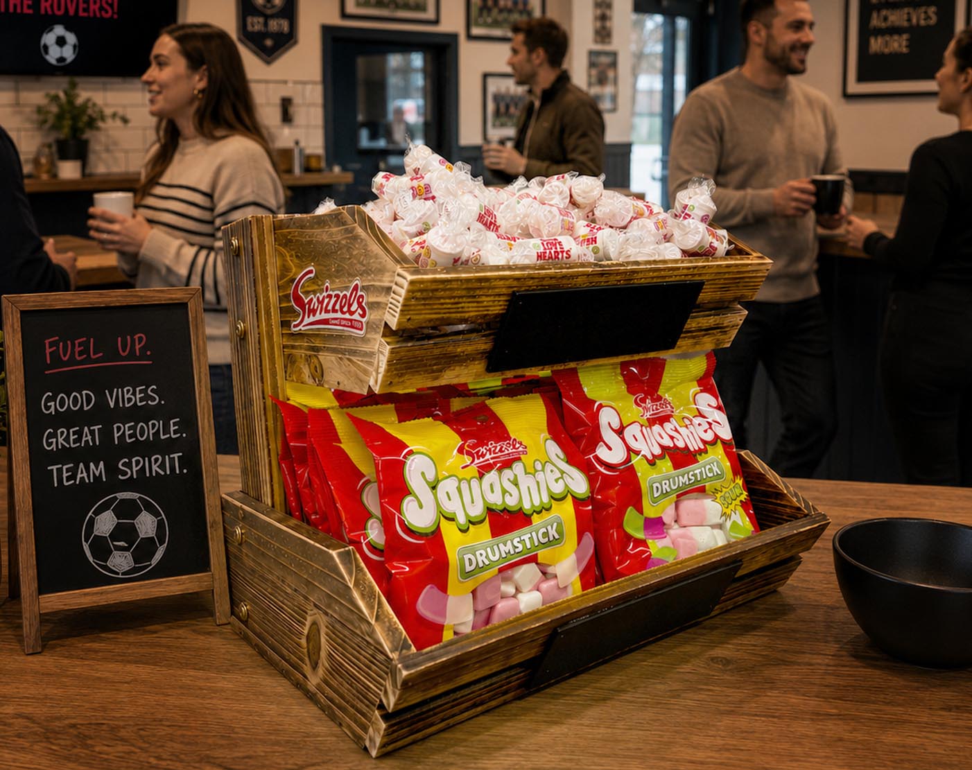 Display of Swizzles and Squashies sweets on a wooden stand with people in the background.
