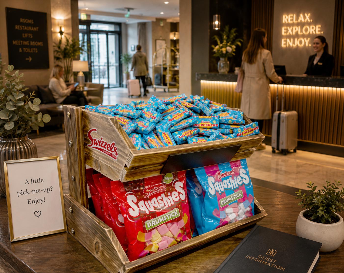 Display of Sweetsie candy packets in a hotel lobby.