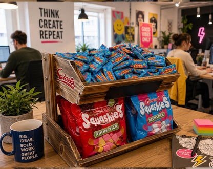 Display of Swizzles sweets including Squishies and Drumsticks in a office setting.