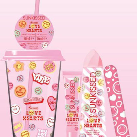 Sunkissed Love Hearts themed products including a glass, lip balm, and hand cream on a pink background.