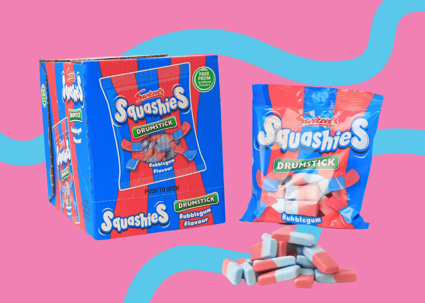 Squashies Drumstick bubblegum packaging on a pink background with blue wavy lines.