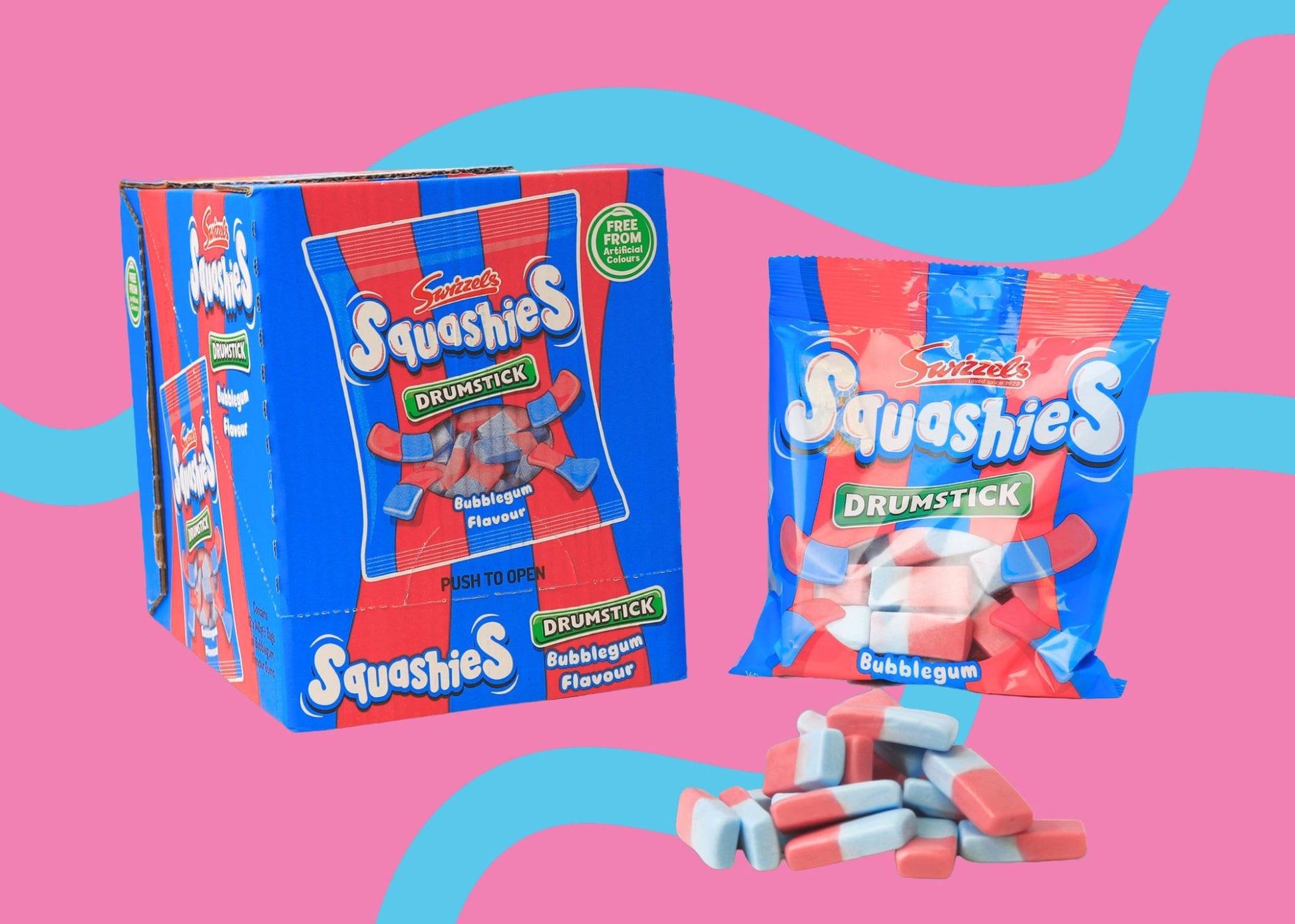Squashies Drumstick bubblegum packaging on a pink background with blue wavy lines.
