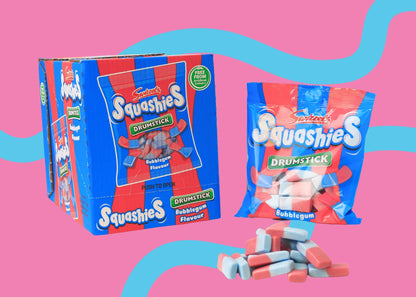 Squashies Drumstick bubblegum packaging on a pink background with blue wavy lines.
