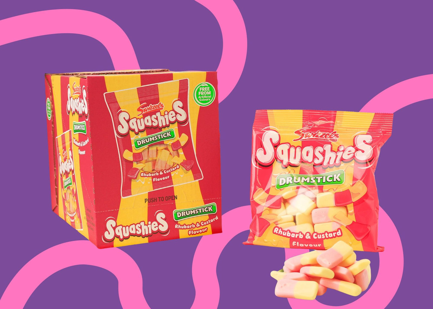 Squashies Drumstick candy packaging on a purple background with pink circles.