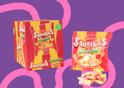 Squashies Drumstick candy packaging on a purple background with pink circles.