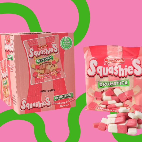 Squashies Strawberry Drumstick candy packaging on a pink and green background