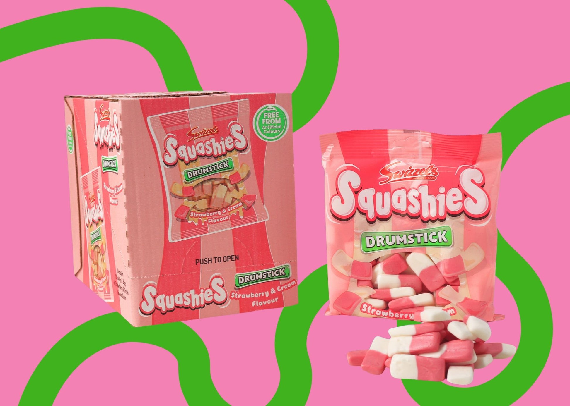 Squashies Strawberry Drumstick candy packaging on a pink and green background