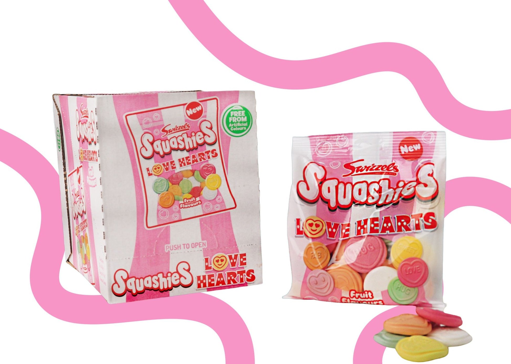 Two packets of Nestle Squashies Love Hearts candy on a white background with pink decorative elements.