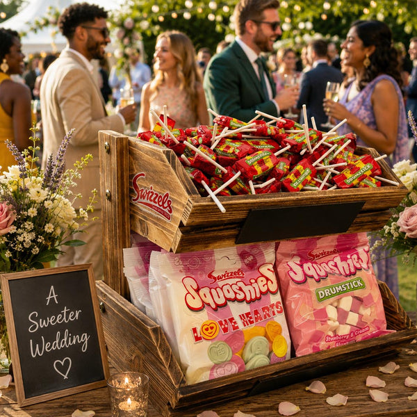 Wooden crate with candy and snacks at a wedding reception with guests in the background.
