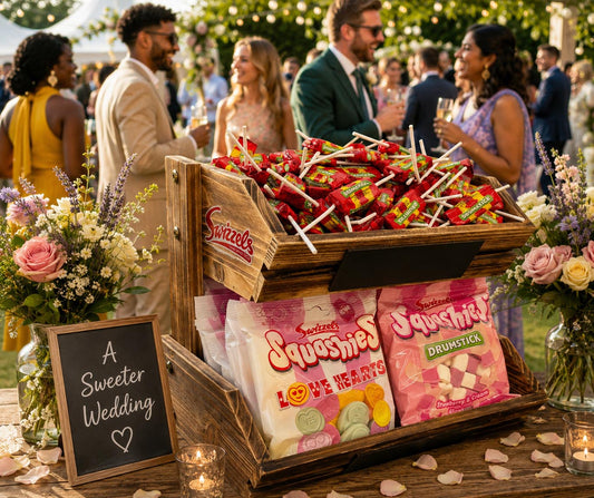 Wooden crate with candy and snacks at a wedding reception with guests in the background.