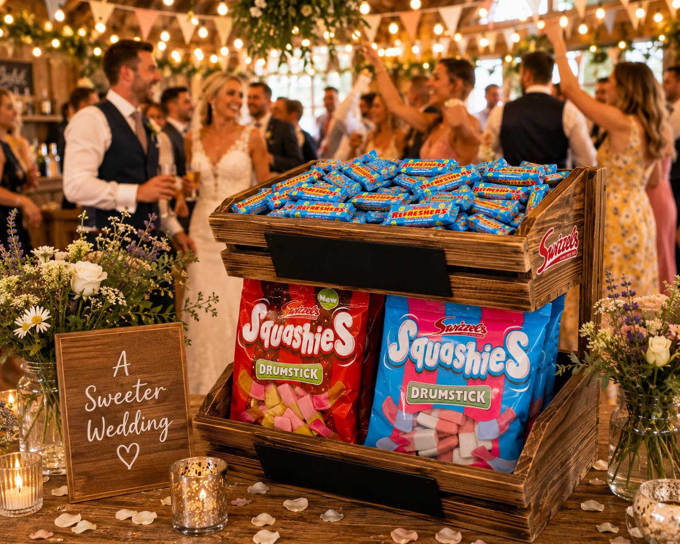 Wooden crate of Squashies candy at a wedding reception with guests in the background.