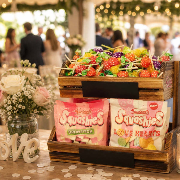 Sweet treats including Squashies candy packages and fruit skewers on a wooden tray with blurred people in the background.