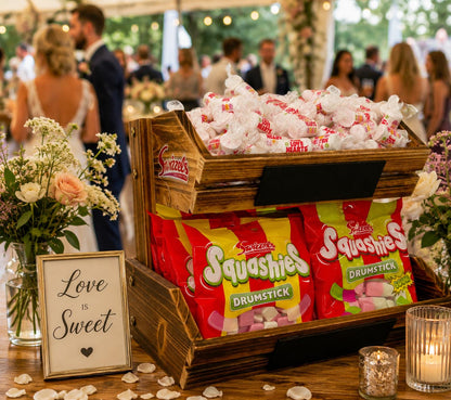 Wooden crate with Squashies Drumstick candy at a wedding reception.