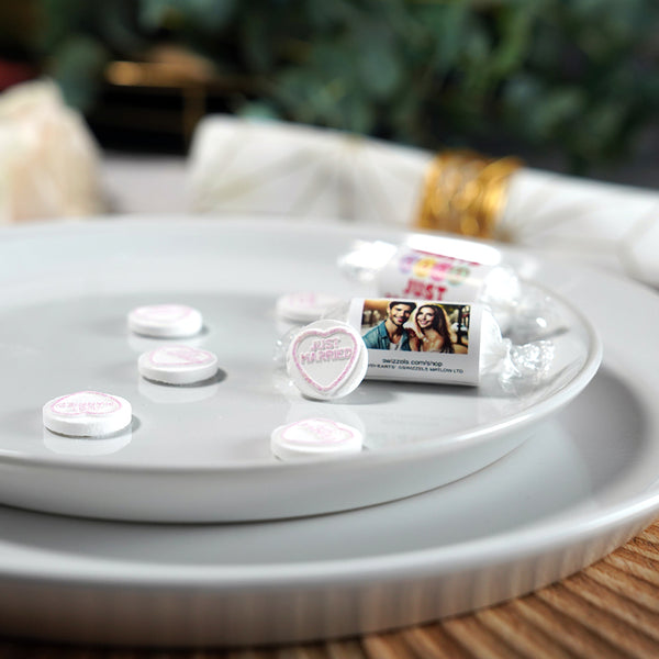 Personalised JUST MARRIED Love Hearts Wedding Favours X 50 Rolls