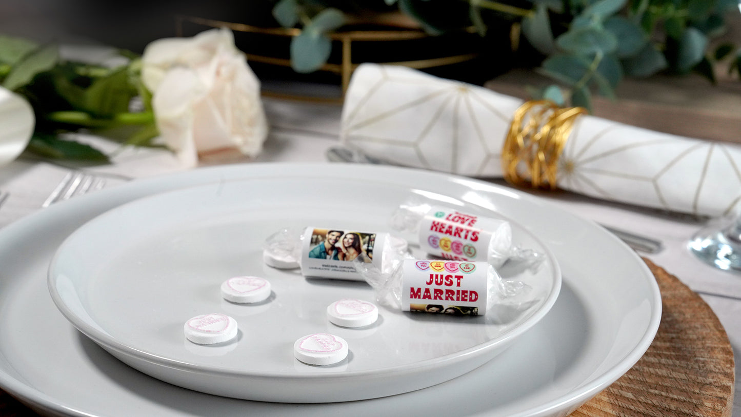 Personalised JUST MARRIED Love Hearts Wedding Favours X 50 Rolls